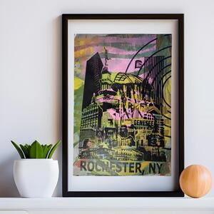 The 'Goibniu' Monoprint Poster of the Rochester, NY Skyline Poster. 13 x 19"